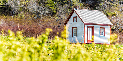 tiny white house red trim