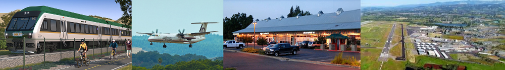 Collage showing SMART train, plane, store, and aerial view of Sonoma County Airport